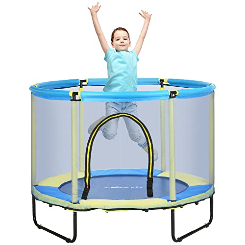 ZONEKIZ Cama Elástica Infantil Ø110 cm con Red de Seguridad Trampolín para Niños de 1-6 Años Cubierta de Bordes para Interior Exterior Carga 50 kg Ø140x115 cm Azul