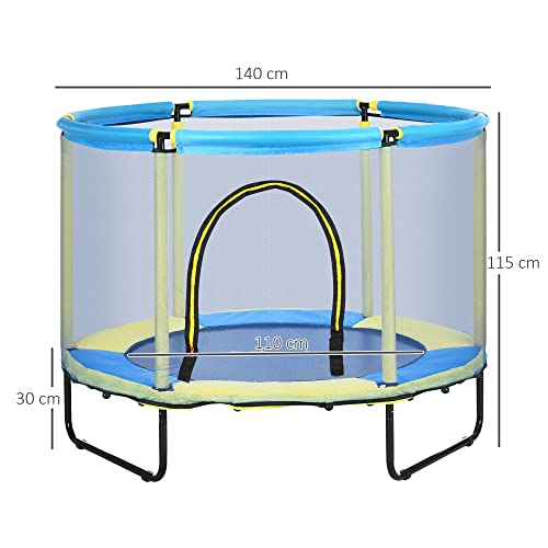 ZONEKIZ Cama Elástica Infantil Ø110 cm con Red de Seguridad Trampolín para Niños de 1-6 Años Cubierta de Bordes para Interior Exterior Carga 50 kg Ø140x115 cm Azul