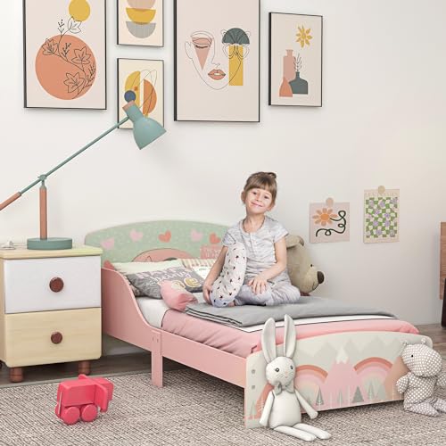 ZONEKIZ Cama Infantil de Madera 143x77x60 cm Cama para Niños de 3-6 Años con Barreras de Protección y Estampados Carga Máx. 40 kg Mueble de Dormitorio Moderno Rosa