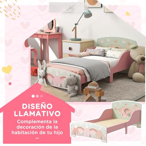 ZONEKIZ Cama Infantil de Madera 143x77x60 cm Cama para Niños de 3-6 Años con Barreras de Protección y Estampados Carga Máx. 40 kg Mueble de Dormitorio Moderno Rosa