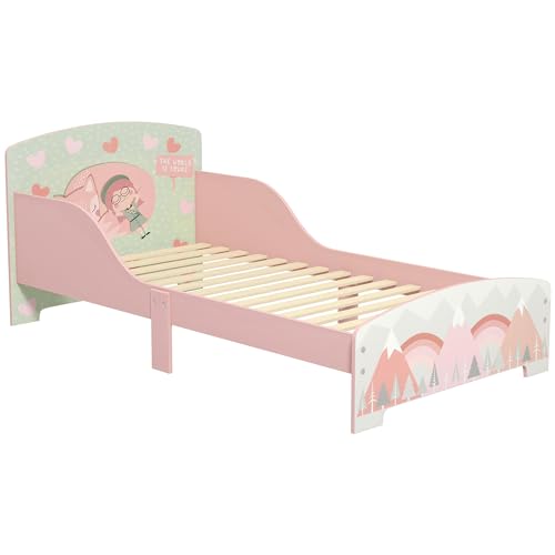 ZONEKIZ Cama Infantil de Madera 143x77x60 cm Cama para Niños de 3-6 Años con Barreras de Protección y Estampados Carga Máx. 40 kg Mueble de Dormitorio Moderno Rosa