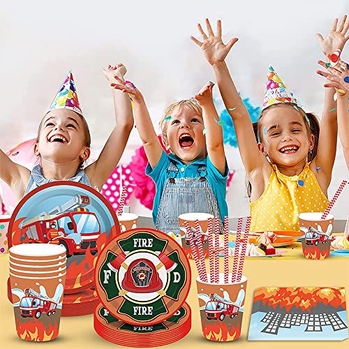 ZOOMPIL Vajilla para Coches de Bomberos de Cumpleaños, Vajilla para Fiestas Temáticas de Bomberos, Mantel, Platos, Vasos, Servilletas, Pajitas De Papel, para 8 Niños Fiesta de Cumpleaños