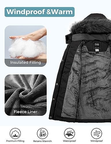 ZSHOW Abrigo Cálido Antiviento Abrigos Niña Largo Invierno Abrigo Forro Polar Grueso Parkas con Capucha de Piel Sintética Niñas Negro 116-122