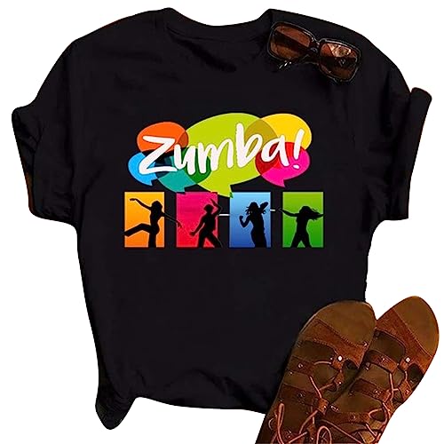 Zumba para Mujer Camiseta atlética Corte Suelto Baile Ropa Fitness Mujeres Top Entrenamiento gráfico Tees Crew Cuello Manga Corta Negro