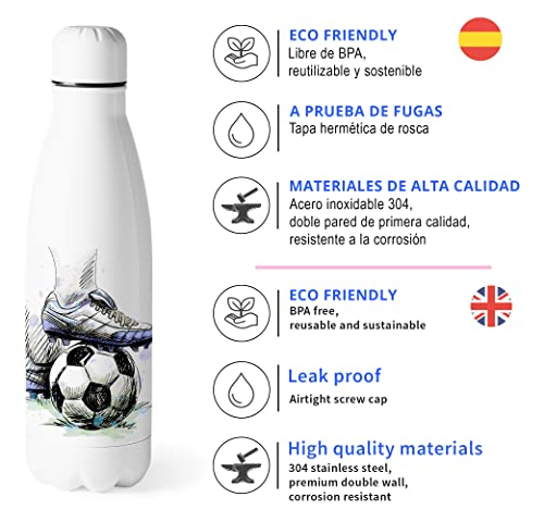 Zumo Digital Botella de Agua Personalizada Futbol Niños, Botella Deportiva Hidratación Térmica Sin BPA Doble Pared 500ml (Futbol-4)