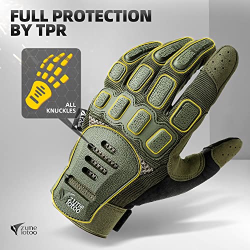 Zune Lotoo Guantes Tácticos Militar, Guantes Airsoft Compatibles con Pantalla Táctil para Hombre Mujer, Guantes Moto Verano Transpirables y Amortiguadores para Paintball Airsoft Motocross (Verde-XL)