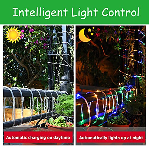 ZVO Cadena de Luces Tira LED Solar Exterior, 10m 100 LEDs Solar Guirnalda Manguera, 8 Modos Iluminación PVC Cuerda Impermeable para Arbol Navidad Fiestas Bodas Jardín Casa(Blanco)