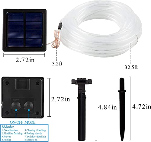 ZVO Cadena de Luces Tira LED Solar Exterior, 10m 100 LEDs Solar Guirnalda Manguera, 8 Modos Iluminación PVC Cuerda Impermeable para Arbol Navidad Fiestas Bodas Jardín Casa(Blanco)