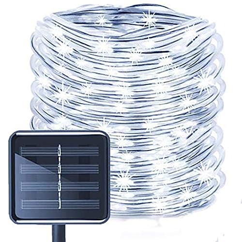 ZVO Cadena de Luces Tira LED Solar Exterior, 10m 100 LEDs Solar Guirnalda Manguera, 8 Modos Iluminación PVC Cuerda Impermeable para Arbol Navidad Fiestas Bodas Jardín Casa(Blanco)