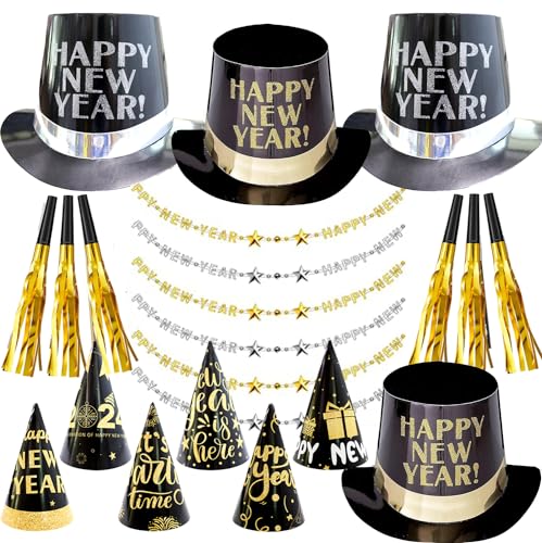 ZYDNANYANG Sombrero de fiesta de Año Nuevo 2024 Año Nuevo Año Nuevo,4 sombreros de fiesta,6 piezas Sombrero triangular puntiagudo,6 Feliz Año Nuevo Diadema Tiara Cuernos Sombreros Burbuja y Collar Kit