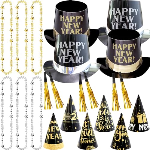 ZYDNANYANG Sombrero de fiesta de Año Nuevo 2024 Año Nuevo Año Nuevo,4 sombreros de fiesta,6 piezas Sombrero triangular puntiagudo,6 Feliz Año Nuevo Diadema Tiara Cuernos Sombreros Burbuja y Collar Kit