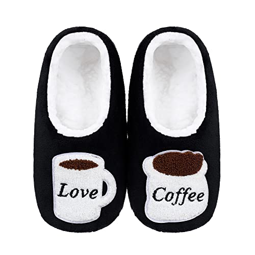 ZYZX Calcetines Antideslizantes Mujer con Forro Polar,Zapatillas Invierno Peludo Cálidos Suela Suave-Regalos Zapatillas con Patrón de Taza de Café