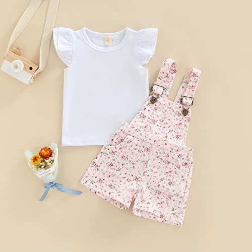 ZZLBUF Conjunto de ropa para bebé y niña, enterizo de manga con volantes + pantalones cortos con bolsillo con tirantes florales, Rosa Floral, 4-5 años