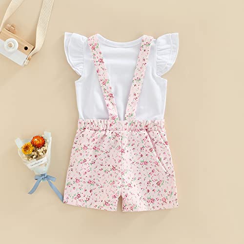 ZZLBUF Conjunto de ropa para bebé y niña, enterizo de manga con volantes + pantalones cortos con bolsillo con tirantes florales, Rosa Floral, 4-5 años