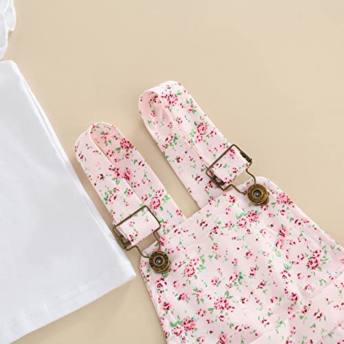 ZZLBUF Conjunto de ropa para bebé y niña, enterizo de manga con volantes + pantalones cortos con bolsillo con tirantes florales, Rosa Floral, 4-5 años